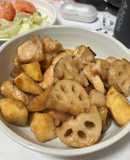 レンコンと鶏肉とさつまいもの甘ダレ炒め
