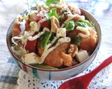 唐揚げ×トマト×キャベツのマヨ＊バジル丼作り方6写真