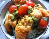 唐揚げ×トマト×キャベツのマヨ＊バジル丼作り方5写真