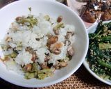 煎り大豆と菜の花の、梅干し炊き込みご飯作り方3写真