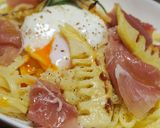 温泉卵カルボ風パスタ☆焼き筍・生ハムのせ作り方6写真