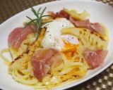 温泉卵カルボ風パスタ☆焼き筍・生ハムのせ作り方7写真