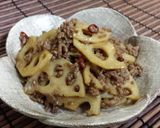 蓮根と牛みんちの炒り煮!作り方7写真