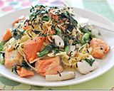塩鮭と春菊きのこのたらこクリームパスタ作り方7写真