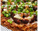 ピザ風♪甘辛すじ肉とチーズのかた焼きそば作り方6写真