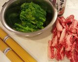 春・牛カルビと菜の花パスタ♪作り方1写真