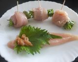レンジで３分☆　鶏ささみの梅大葉ロール❀作り方3写真