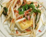 簡単、豆腐ステーキのモヤシと桜えび仕上げ作り方4写真