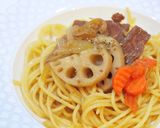 レンコンと牛肉の和風パスタ、わさび風味も作り方6写真