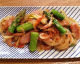 春野菜と桜海老簡単焼うどんアスパラ新玉葱作り方1写真