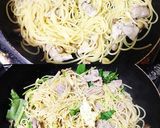 白だしバター♬豚肉と根三つ葉の簡単パスタ作り方3写真