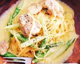 鶏肉とアスパラガスの豆乳カルボナーラ作り方5写真