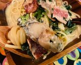＼豆乳味噌／牡蠣とれん草のスープパスタ作り方8写真
