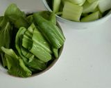 青梗菜とニンニク、豚コマ、椎茸、エビ炒め作り方1写真