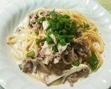 焼肉のたれで～きのこミートクリームパスタ作り方8写真