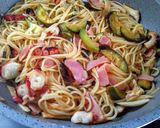 ﾀｺとﾍﾞｰｺﾝのﾄﾏﾄｿｰｽﾊﾟｽﾀ作り方5写真