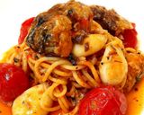 鯖とホクホクにんにくトマト煮込みのパスタ作り方2写真