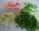 ノンオイル♪水菜とカニカマで和風パスタ作り方1写真