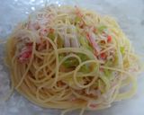 ノンオイル♪水菜とカニカマで和風パスタ作り方5写真