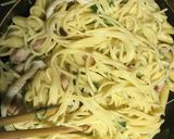 しめじと水菜の厚切りベーコンカルボナーラ作り方6写真