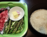 旬★節約★簡単【アスパラと豚肉のピラフ】作り方1写真