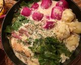 秋鮭と赤カブ 小松菜の白味噌豆乳シチュー作り方4写真