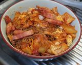 日本蕎麦のベーコンキムチ卵の醤油焼きそば作り方16写真
