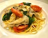 舞茸と蓮草のペペロンチーノ トマト添え作り方6写真