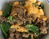豚こま肉、ピーマン、椎茸、卵の山椒のせ丼作り方7写真