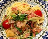 ベーコン水菜ミニトマト入ペペロンチーノ作り方4写真