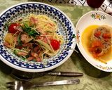 ベーコン水菜ミニトマト入ペペロンチーノ作り方5写真