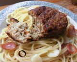 ハンバーグをトッピン具のペペロンチーノ♪作り方4写真