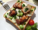 唐揚げ×ﾓｯﾂｧﾚﾗ×枝豆のトースト作り方5写真