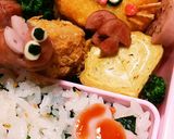 今日のキャラ弁11/9(キティ&タヌキ)作り方2写真