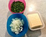 玉ねぎとニラ、木綿豆腐の中華卵スープ作り方1写真