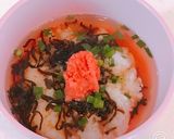 明太子と塩昆布と鰹節に熱湯で、だし茶漬け作り方2写真