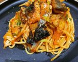 焼き鯖とごぼうの漁師風トマトソースパスタ作り方12写真