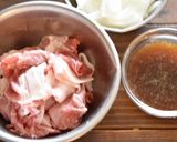 豚こま切れ肉と新玉ねぎの粒マスタード炒め作り方1写真