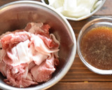 豚こま切れ肉と新玉ねぎの粒マスタード炒め作り方1写真
