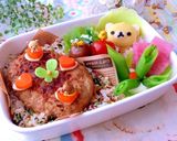 4月9日 リラックマ弁当 味噌豚 詰め方作り方1写真