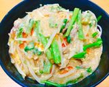空心菜ともやしの中華風ピリ辛餡かけ蕎麦作り方6写真