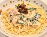 レンジで簡単！蒸し麺で、鮭クリームパスタ作り方7写真