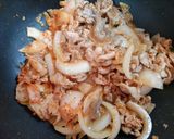 ワンパン簡単夕飯豚こまスタミナ味噌豚キムチ炒め丼作り方6写真