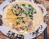 菜の花とベーコンの豆乳スープパスタ作り方6写真