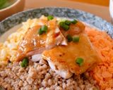 照り焼きチキンのせ♪彩り三色丼作り方3写真