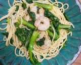 お皿と鍋一つずつ・ゆきなの花とえびパスタ作り方6写真