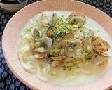 乾麺の冷麦であさりの豆乳汁麺作り方8写真