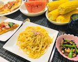 カルボナーラとピザディナー・パスタメイン作り方4写真