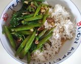 つる紫と豚肉炒めのっけご飯作り方4写真