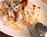 きのこと玉ねぎのペペロンチーノ。作り方8写真